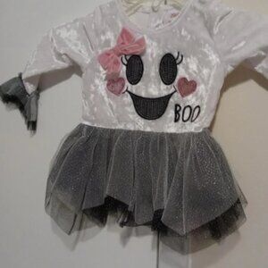 💚 Little Lass Girl Black/White Halloween Ghost Boo Velour Tulle/Leggings 12M